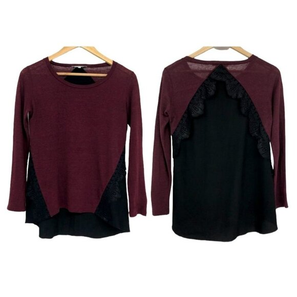 Sandro Paris Burgundy Black crochet lace detailing long sleeve t-shirt SP - Picture 1 of 15